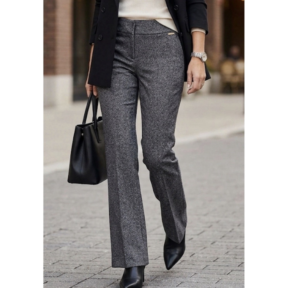 ANNE KLEIN Career Dress Pants Sz 6 Boot Cut Flat‎ Front Tweed Heather Black Work